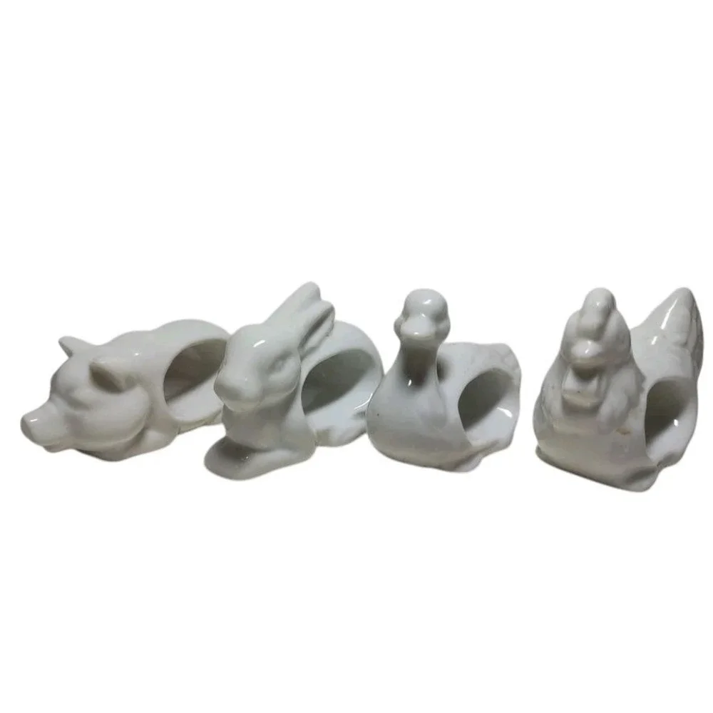 Vintage Animal Napkin Rings‎ White Porcelain Japan Duck Chicken Rabbit Pig Set